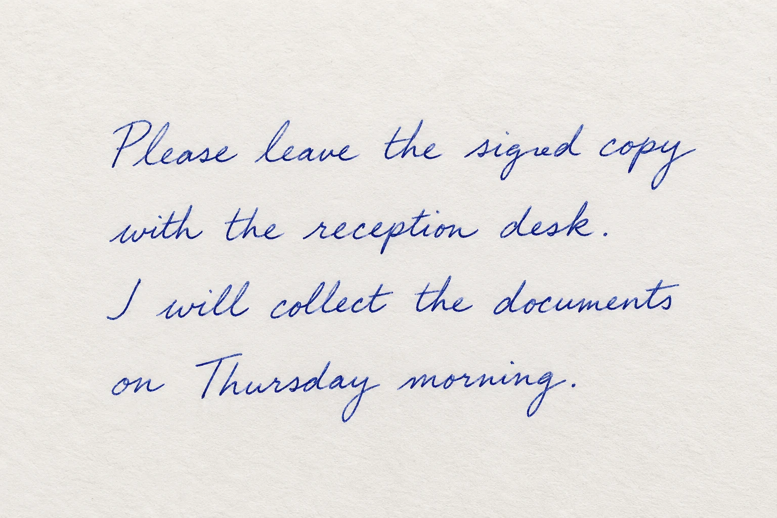 Fictional handwritten note asking for signed documents to be left at reception