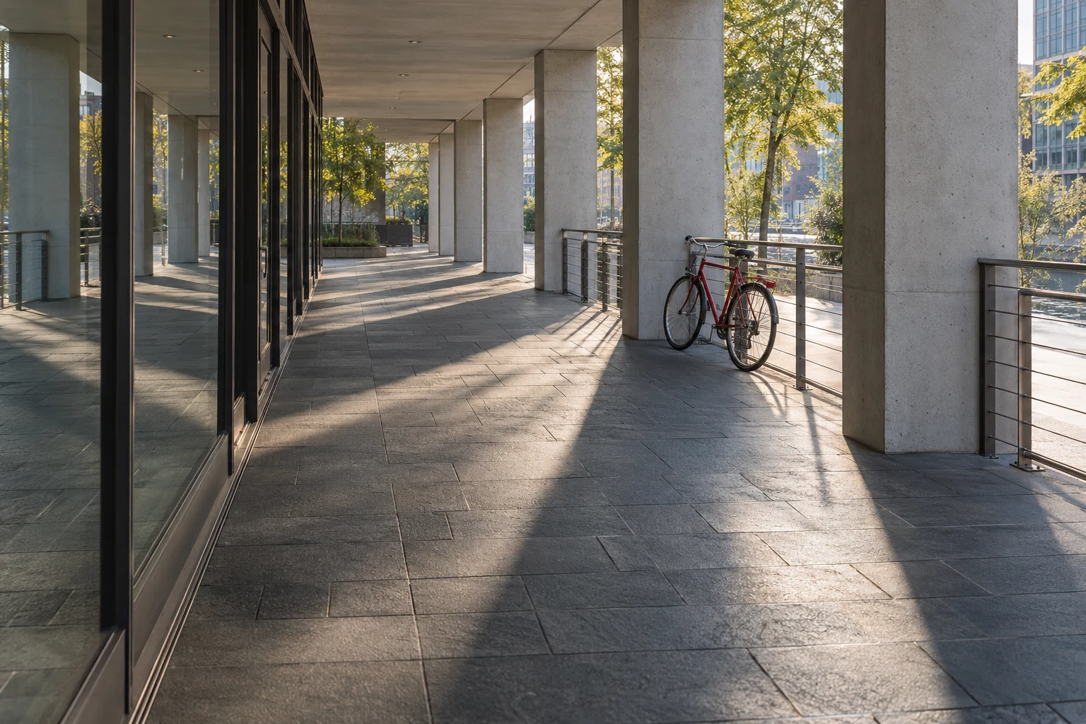 Fictional sample image of a bicycle on a sunlit urban walkway