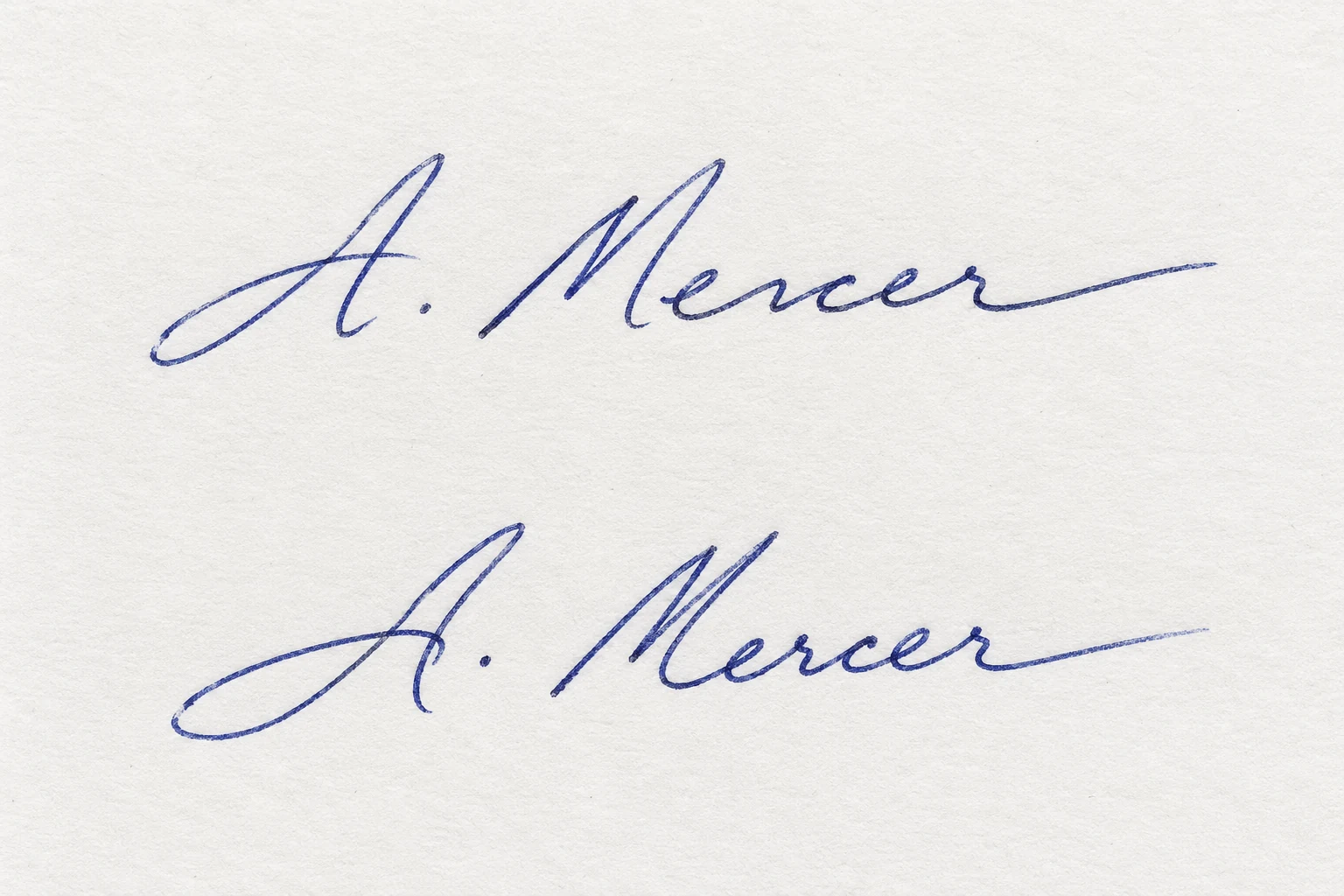 Top specimen: fictional blue-ink handwritten A. Mercer signature